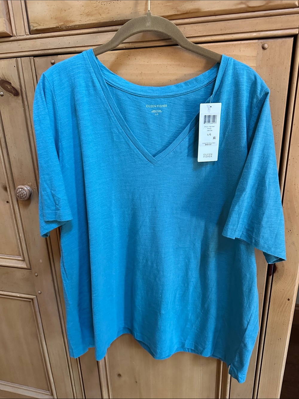 NWT $68 Eileen Fisher Large Slubby Organic Cotton Jersey V Neck Tee Top River
